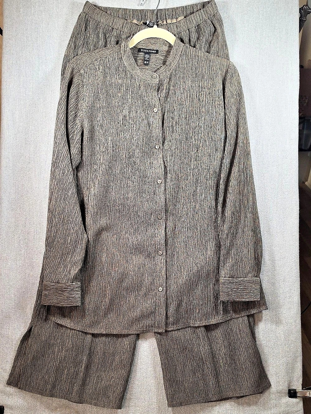 Eileen Fisher Plisse Crinkle Button-Front Blouse & Pants Set in Brown Size XS